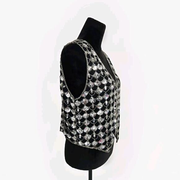 Vtg 80s COTTON ZONE India SILK Black Silver SEQUIN Fish Scale Pattern VEST M EUC - Picture 3 of 8